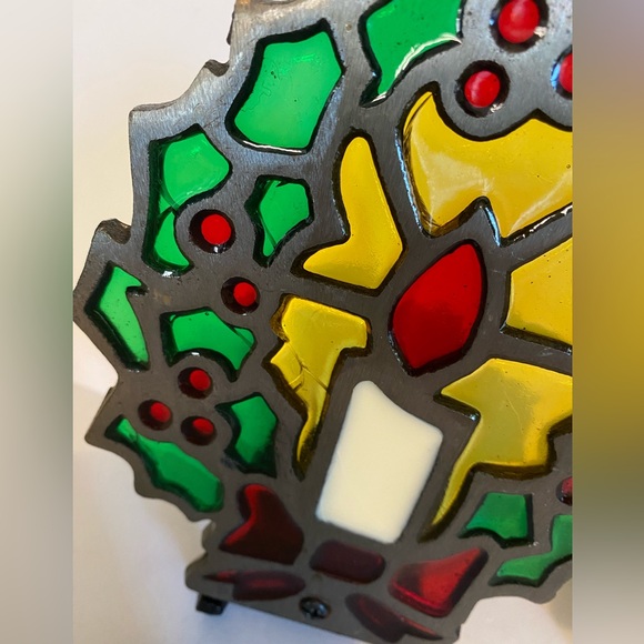 Vtg Candle Holder Cast Iron metal Stained Glass Wreath Holiday Christmas Taiwan - Picture 7 of 7